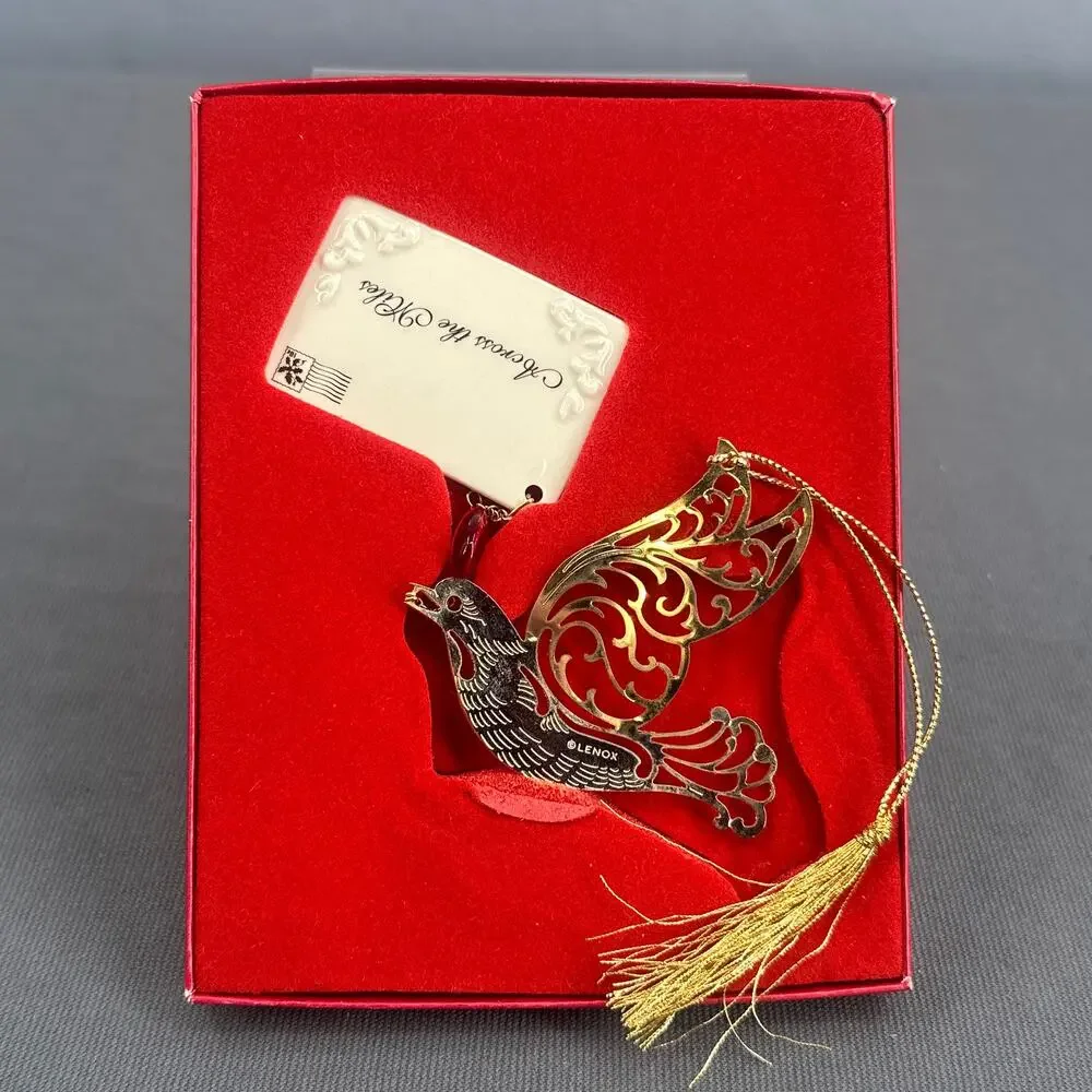 Lenox Across The Miles Christmas Ornament Gold Dove Red Heart Porcelain Tag Box